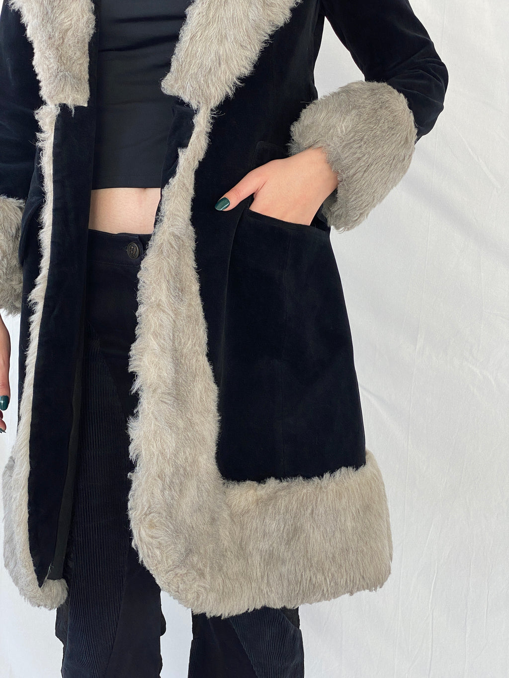 Vintage 90s Wild Rose Penny Lane Black Faux Grey Fur Afghan Style Coat - M