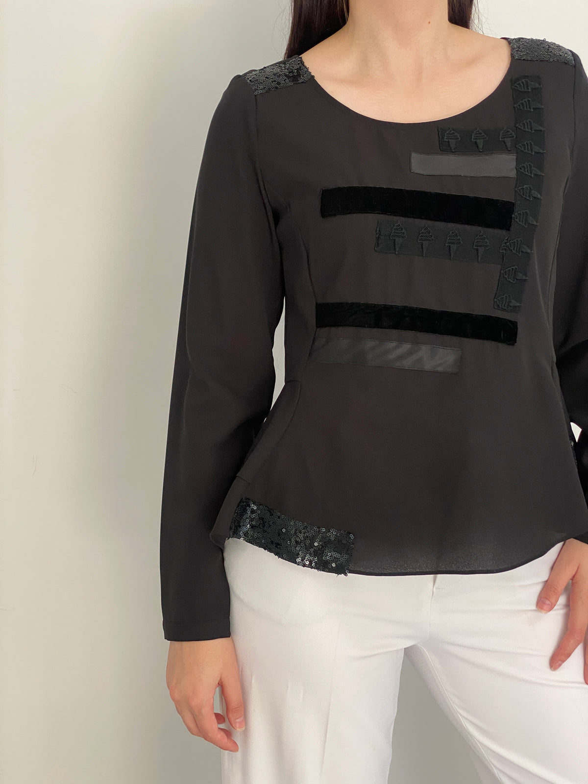 Vintage SÃO PAULO Black Sequin Patched Peplum Evening Top – S