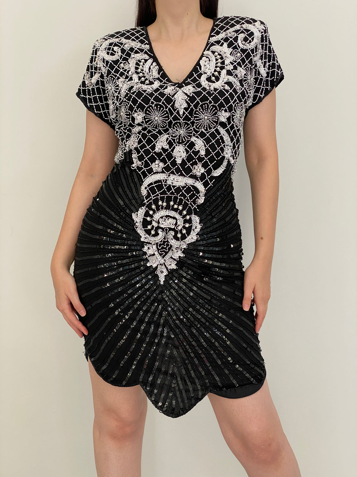 Vintage 80s Laurence Kazar Black & White Silk Beaded Sequin Cocktail Dress - M