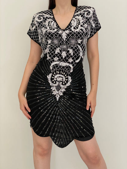 Vintage 80s Laurence Kazar Black & White Silk Beaded Sequin Cocktail Dress - M