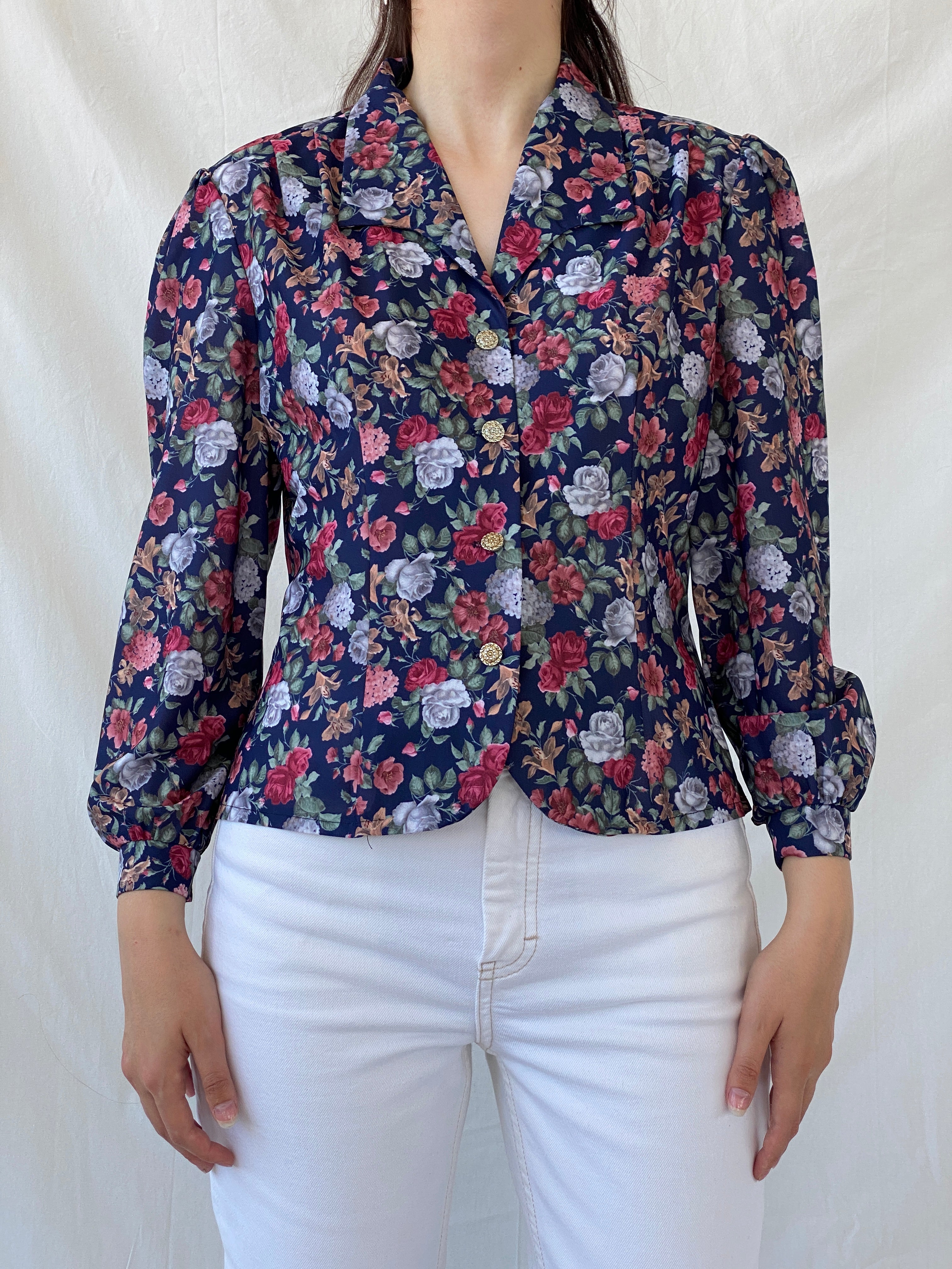 Vintage DEBENHAMS Navy Red Floral Silver Buttoned Women’s Long Sleeve Shirt - L
