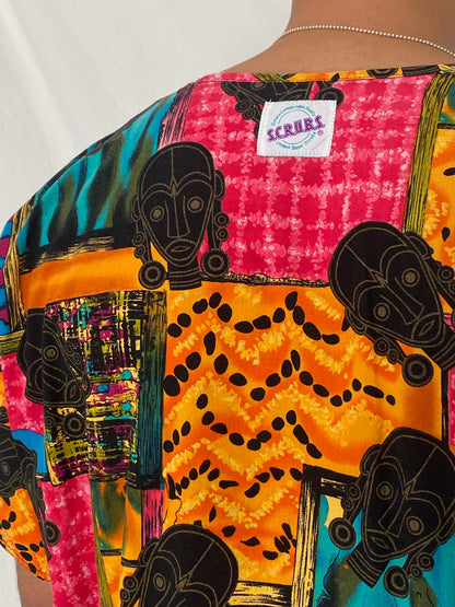 Vintage 90s S.C.R.U.B.S. Abstract African Print Cotton Scrub Top - 2XL