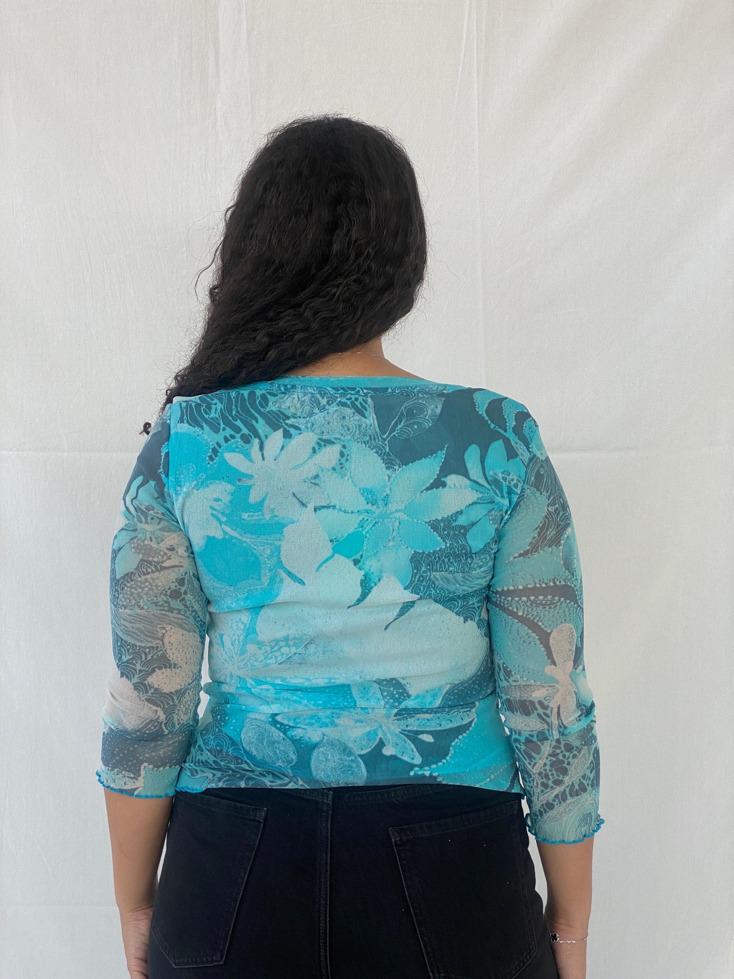 00s Per Una Blue Floral Graphic Women’s Long Sleeve Mesh Top - L