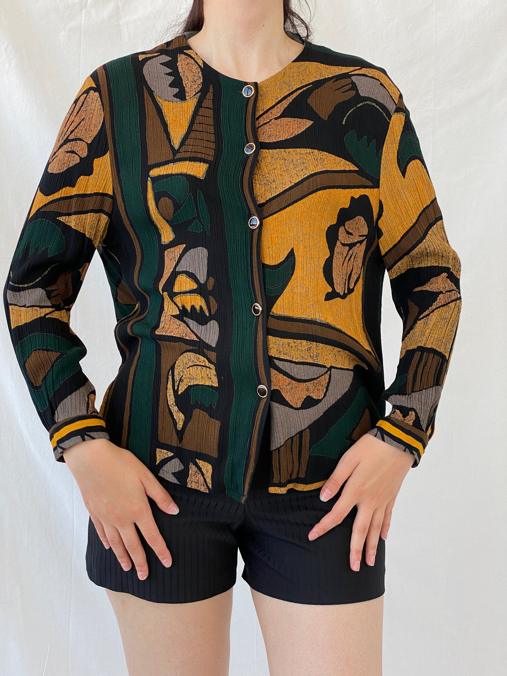 Vintage Your Sixth Sense Abstract Print Full Sleeve Boho Retro Button Up Shirt - XL