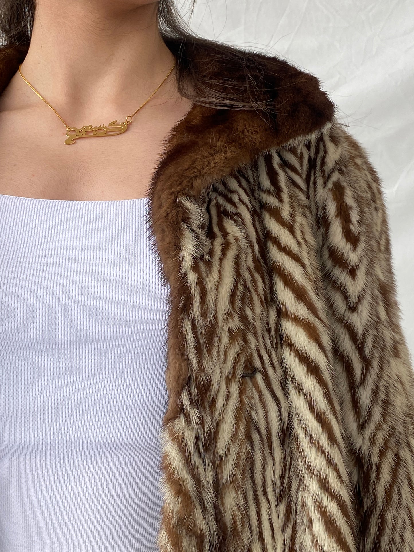 Luxurious Vintage 1980s Brown Real Mink Fur Jacket with Dyed Fur Stripes and Brown Collar - M