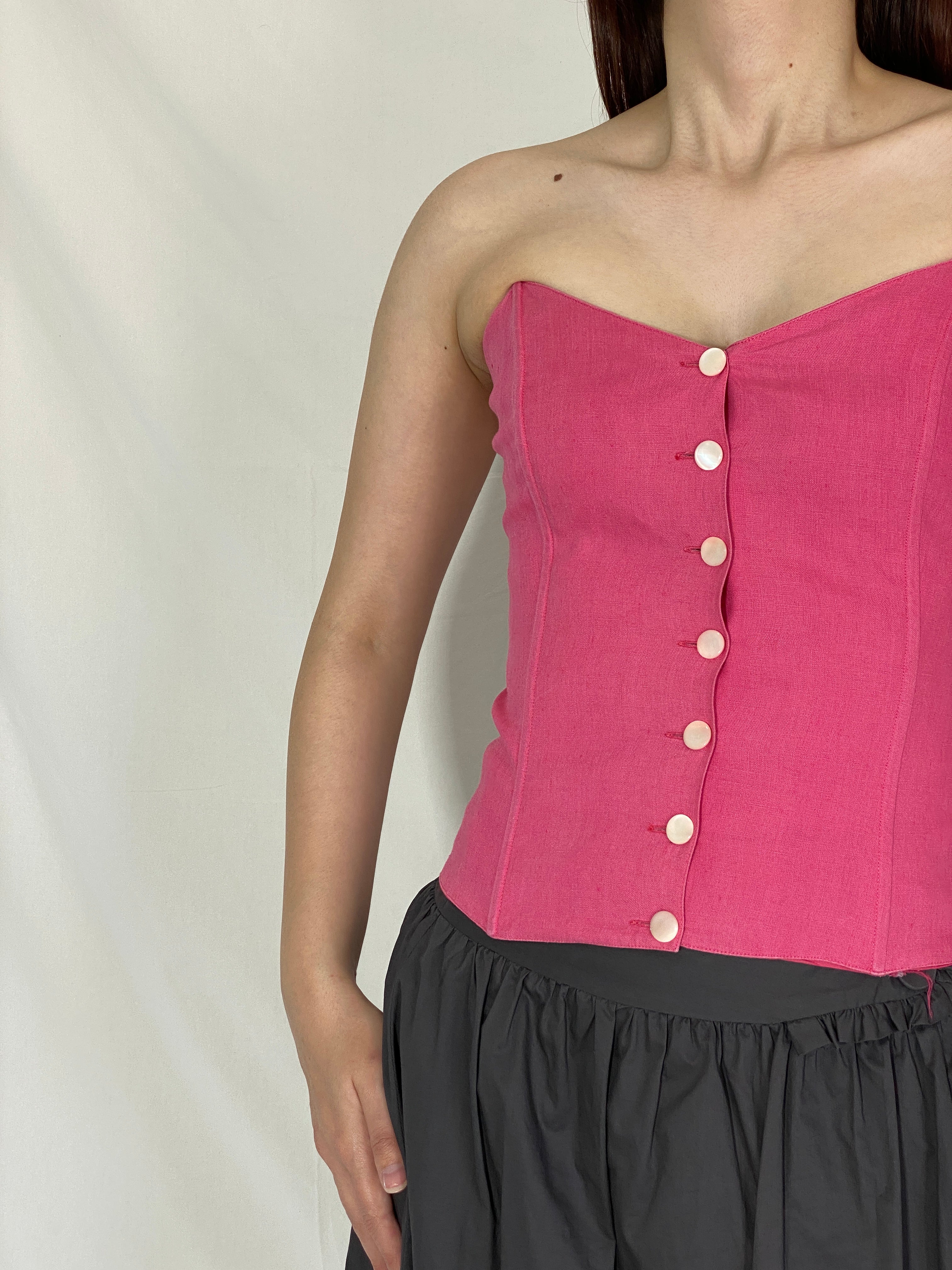 بلوزة كورسيه من الكتان الإيطالي باللون الوردي من Vintage I BLUES مع زر للإغلاق - مقاس صغير