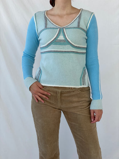 Vintage SUCHITA Rib Knit Pastel Blues Wool Long Sleeve Top - M