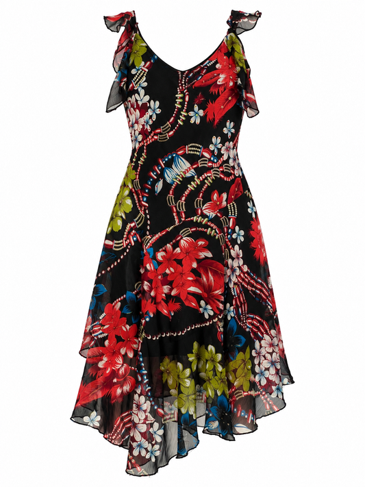 Vintage Y2K HUANGJIALIREN Black Silk Blend Floral Asymmetric Ruffle Dress - M