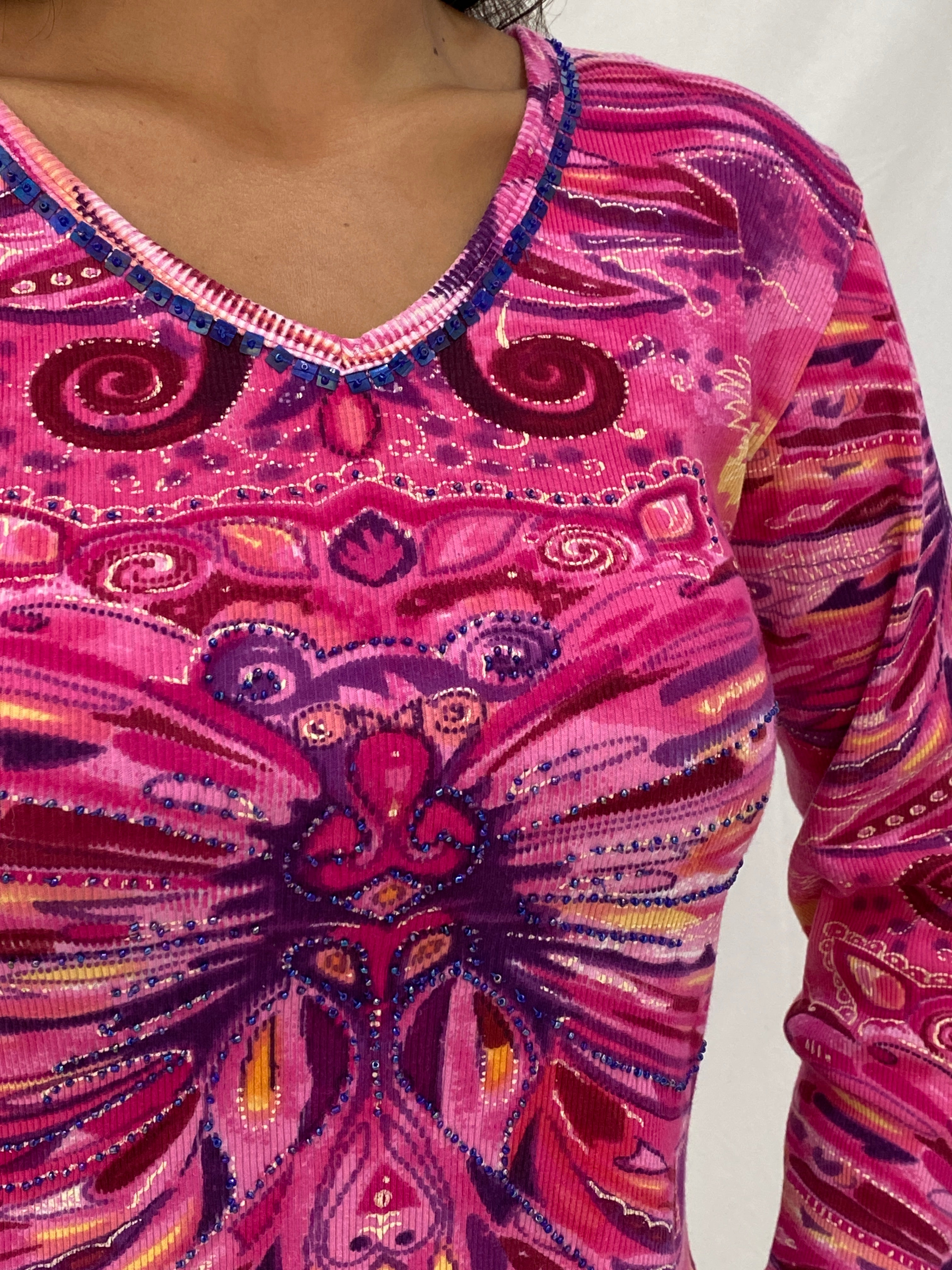 Vintage Y2K Phool Beaded Graphic Top Pink Psychedelic Butterfly Print Long Sleeve Tee - L