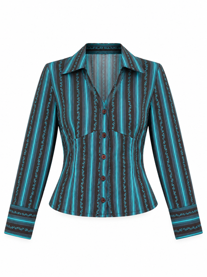 Vintage Y2K Style Turquoise & Brown Striped Fitted Button-Up Shirt - M