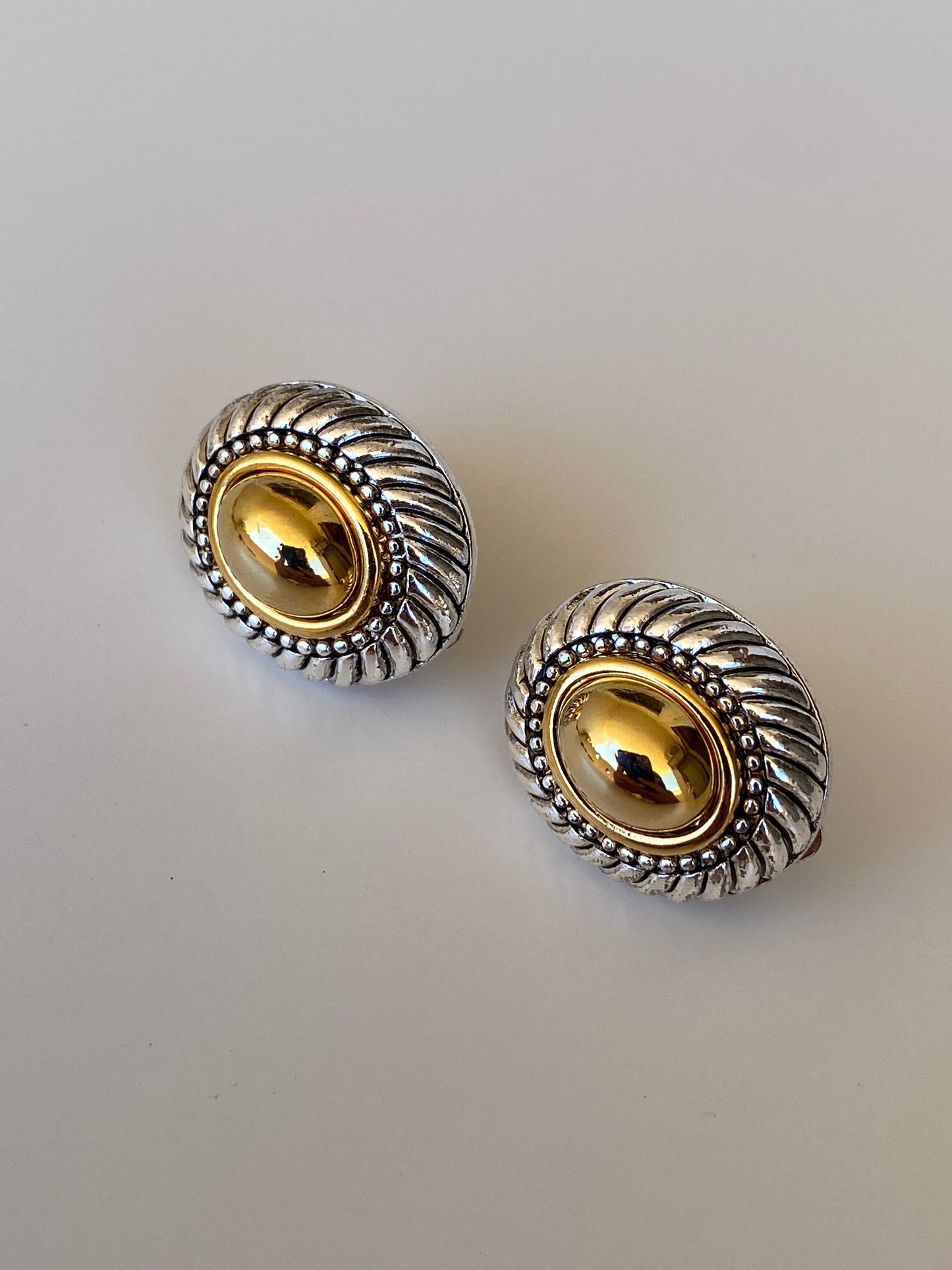 Vintage Two-Tone Oval Clip-On Earrings Gold & Silver Rope Texture Statement Studs