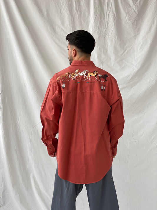 Vintage Orange Men’s Hand Painted Western Cowboy Long Sleeve Cotton Shirt - L