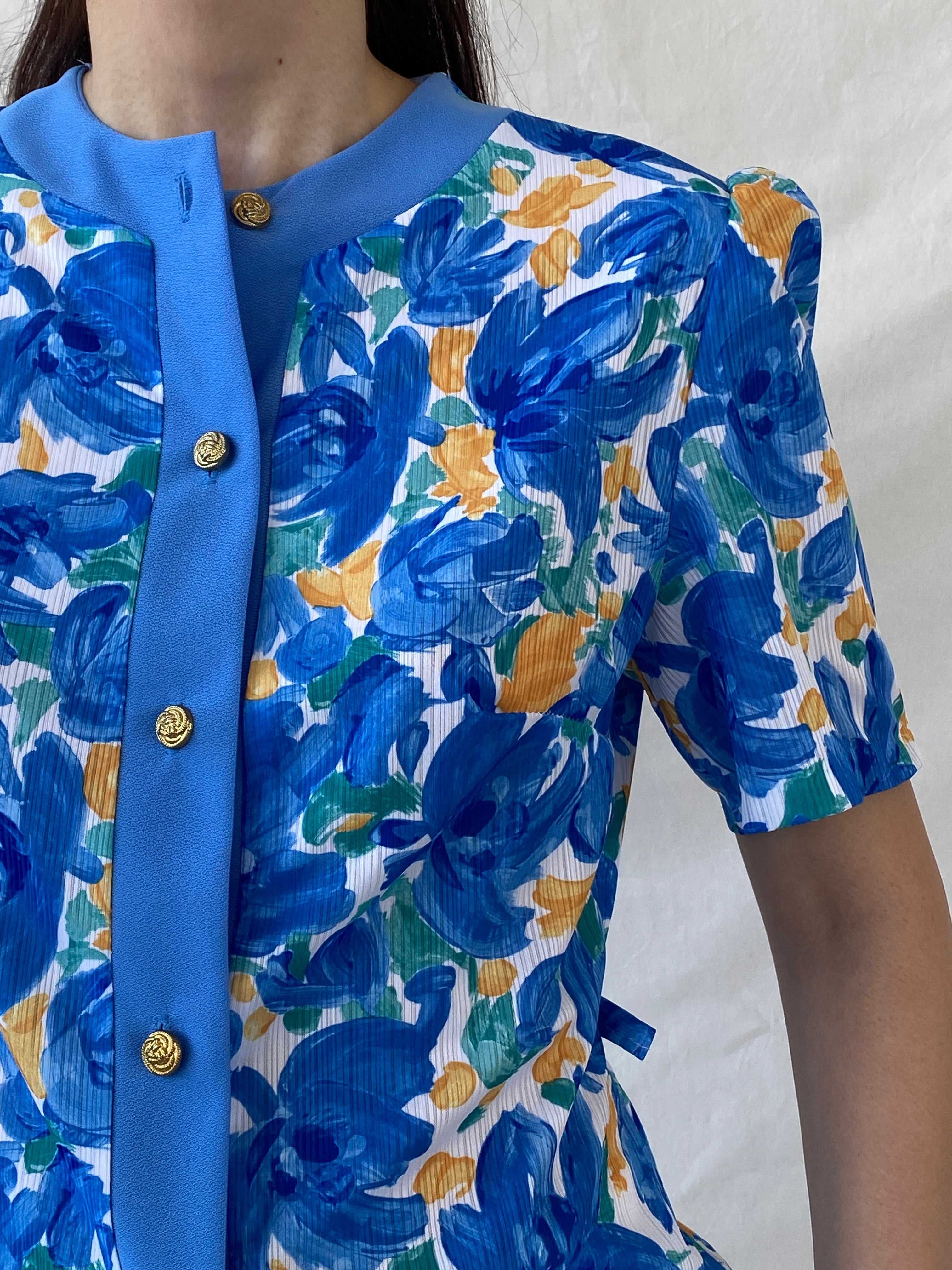 Elegant 90s Blue Orange Handmade Watercolor Floral Women’s Shirt - M