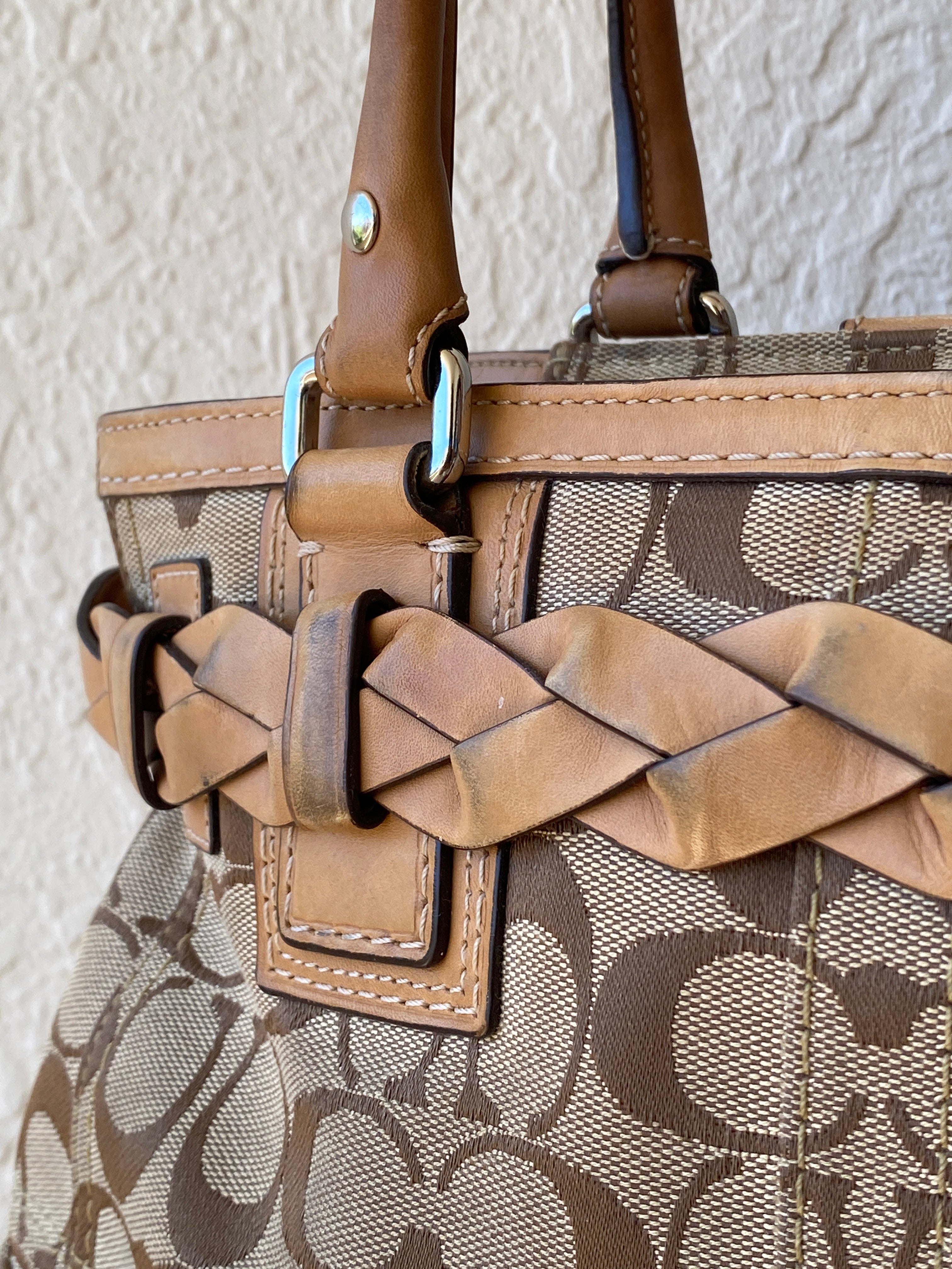 Coach Hampton Carryall Signature C Monogram Purse Braided Leather Trim Khaki Tan Satchel Shoulder Bag