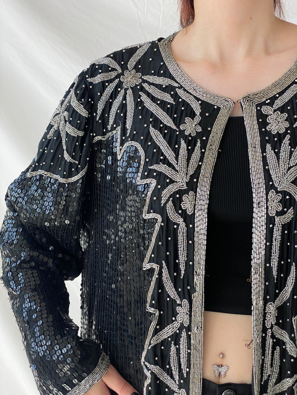 Vintage 80s Midnight Run Black Silver Sequin Beaded Silk Blazer Sparkle Party Jacket - XL