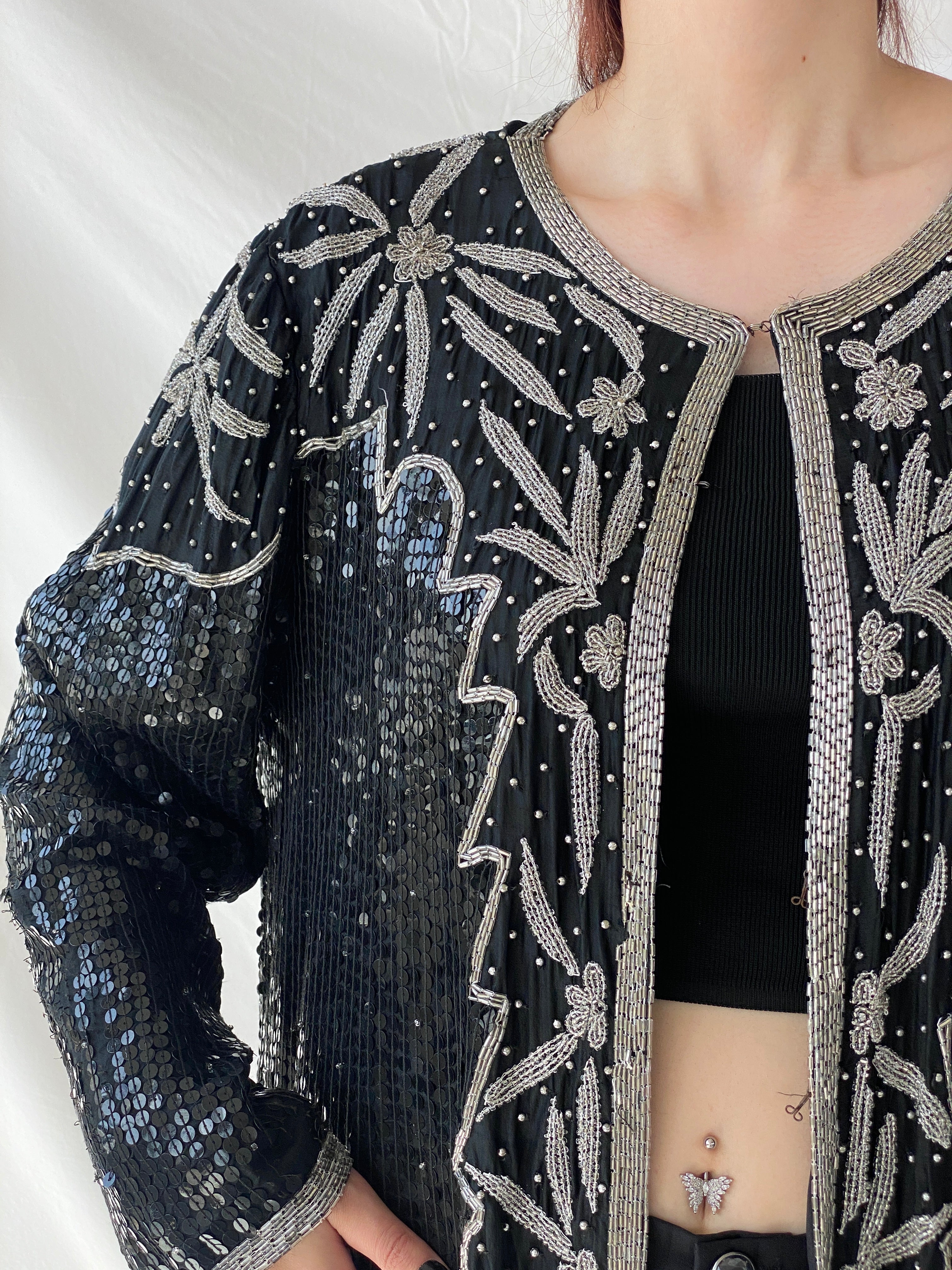 Vintage 80s Midnight Run Black Silver Sequin Beaded Silk Blazer Sparkle Party Jacket - XL