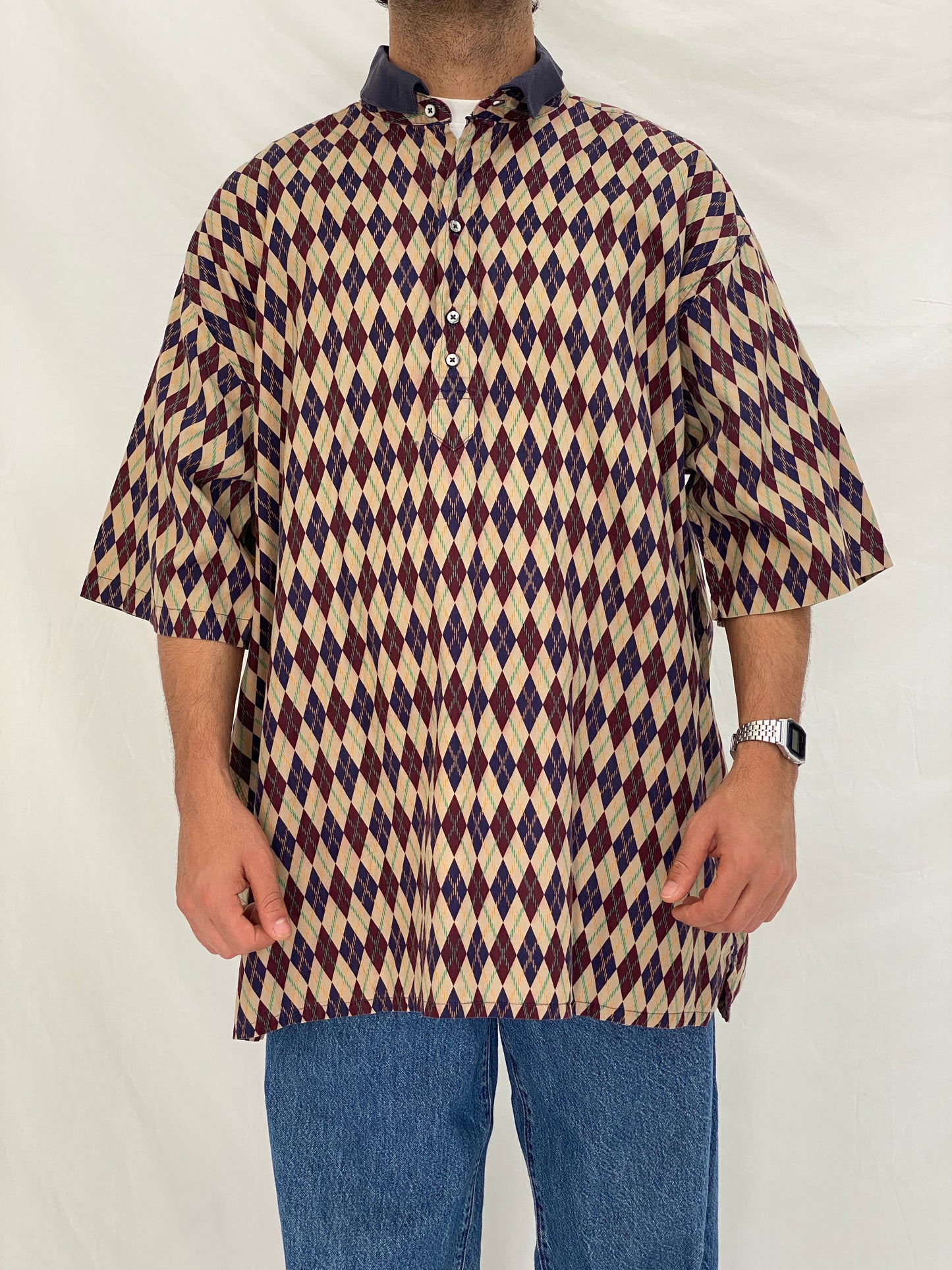 Vintage 90s Michael Thomas Argyle Print Pullover Shirt Oversized Geometric Pattern Shirt - 2XL