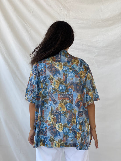 Vintage Blue Floral Print Half-Sleeve Oversized Shirt - XL