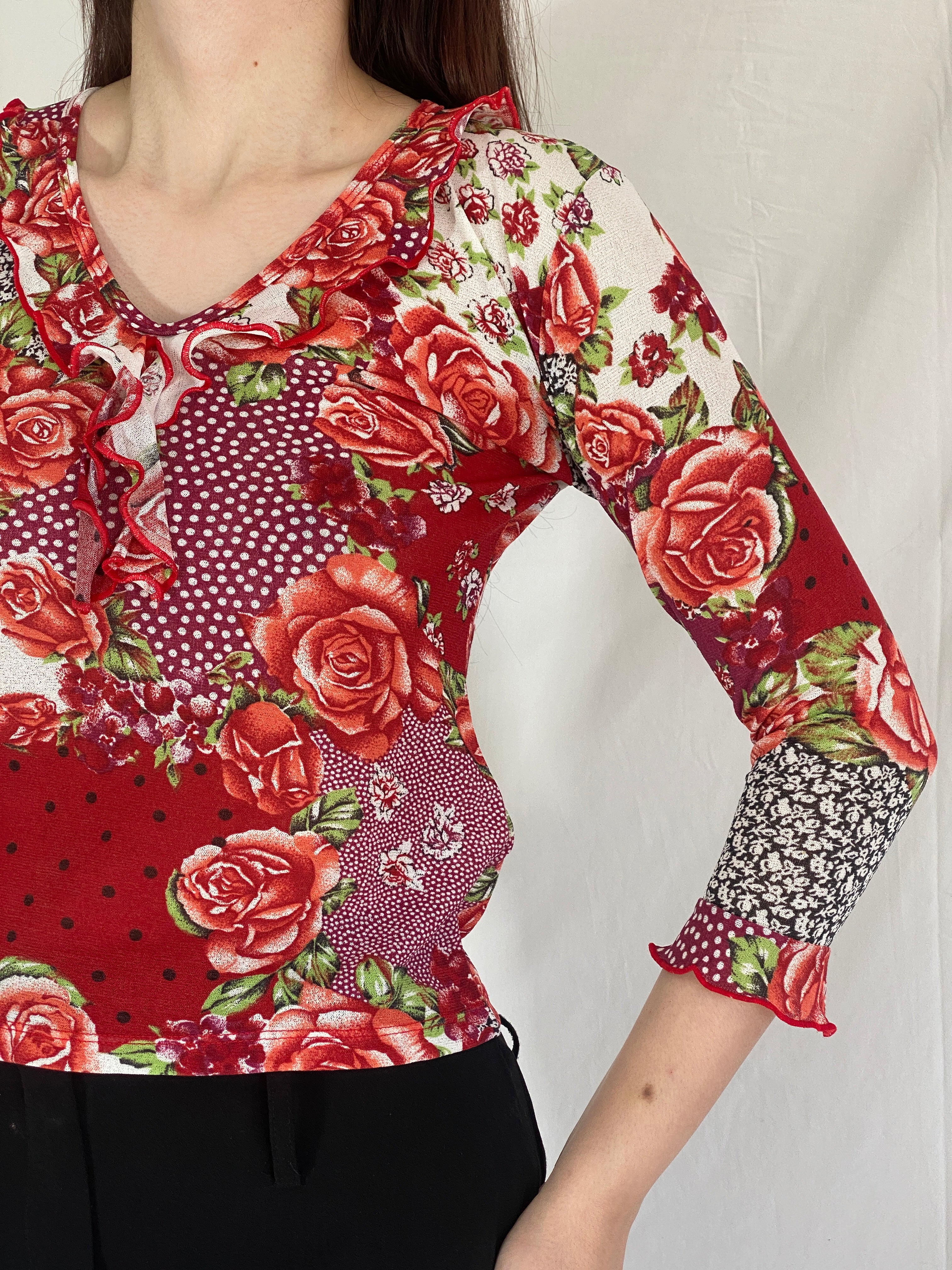 Y2K ESCARCHA Collection Red & Rose Floral Sheer Ruffle Top - M