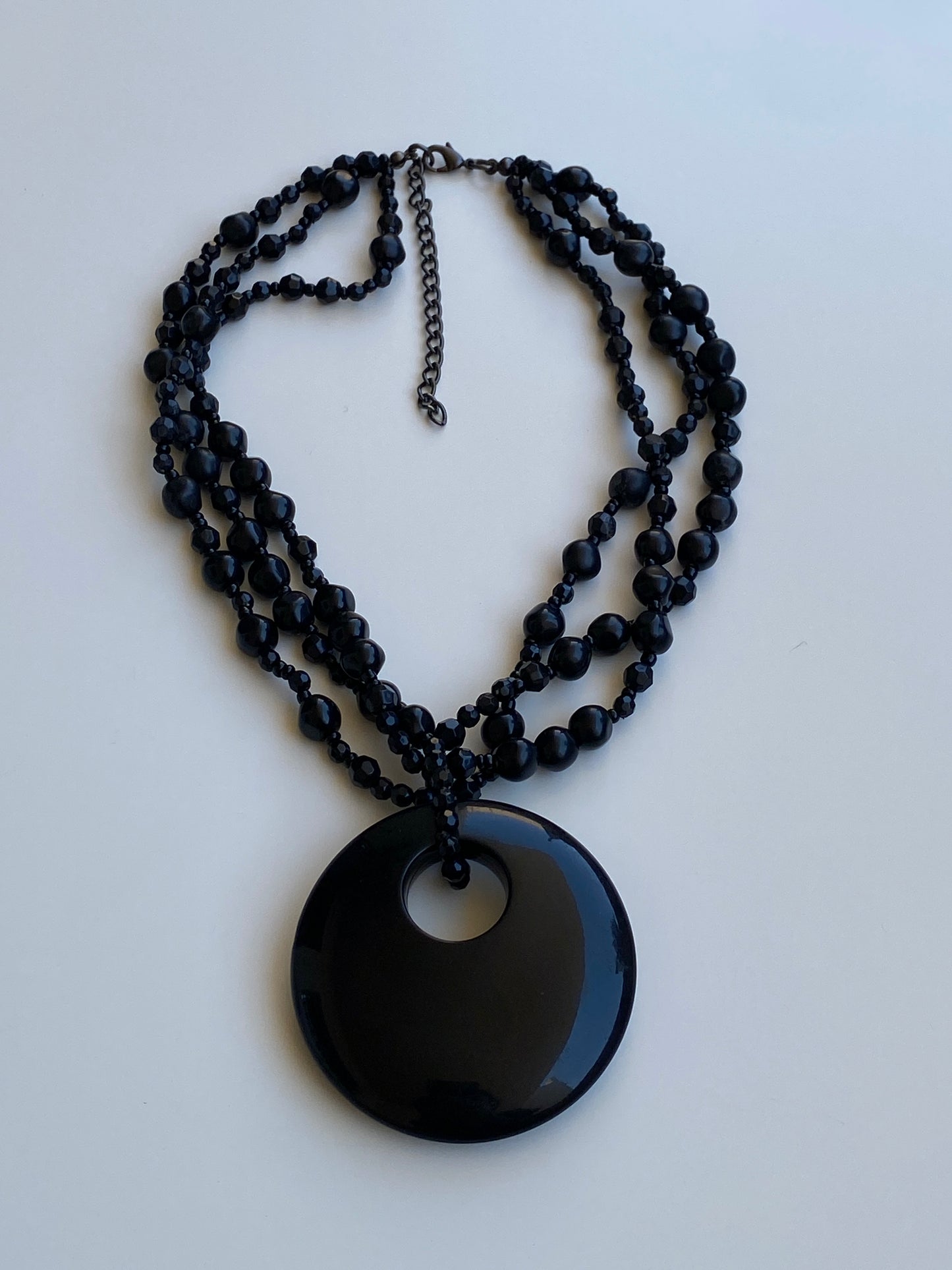 Y2K Black Multi-Strand Beaded Oversized Disc Pendant Necklace