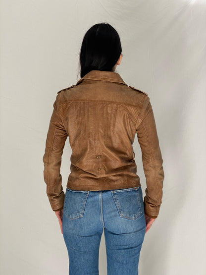 Vintage Y2K Stradivarius Brown Real Leather Moto Fitted Jacket - S
