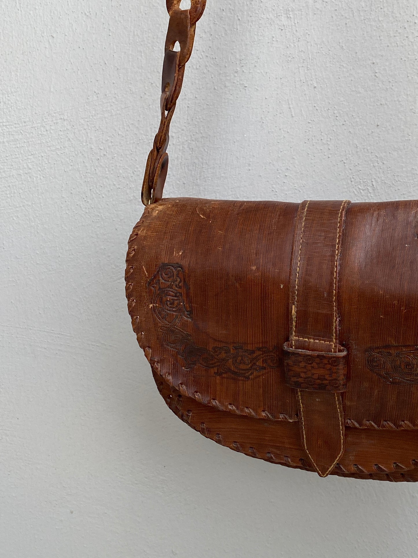 Vintage Boho Brown Hand-Tooled Leather Crossbody Bag Embossed Saddle Bag
