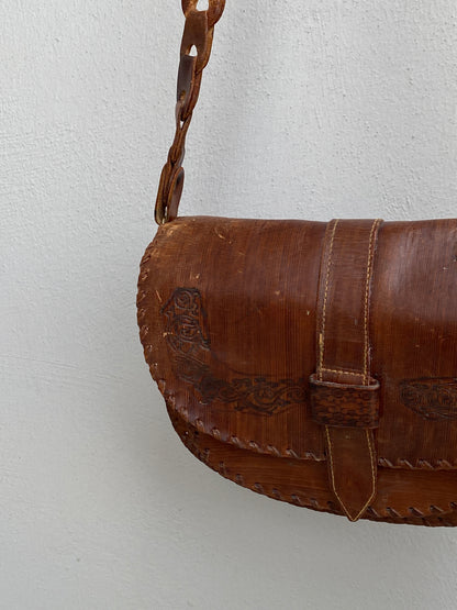 Vintage Boho Brown Hand-Tooled Leather Crossbody Bag Embossed Saddle Bag
