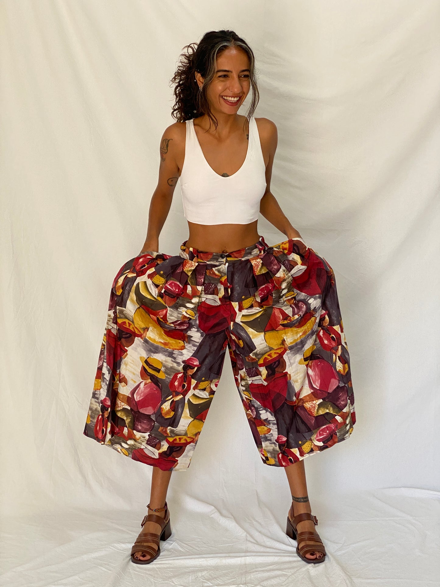 Vintage 90s Frawil Multicolor Abstract Wide Leg Culotte Pants – S
