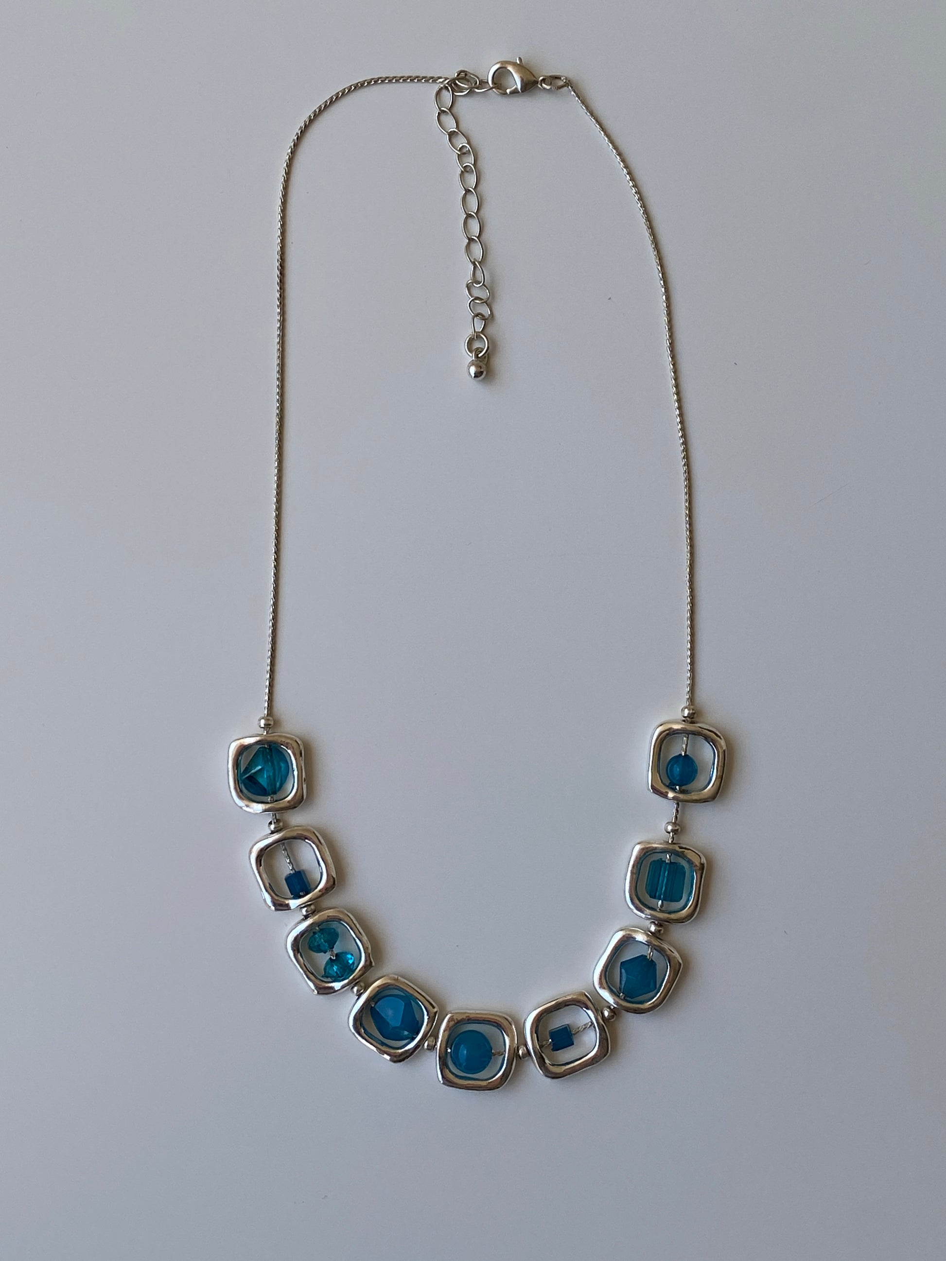 Y2K Blue Crystal Bead Framed Square Link Silver Necklace Y2K Blue Crystal Bead Framed Square Link Silver Necklace