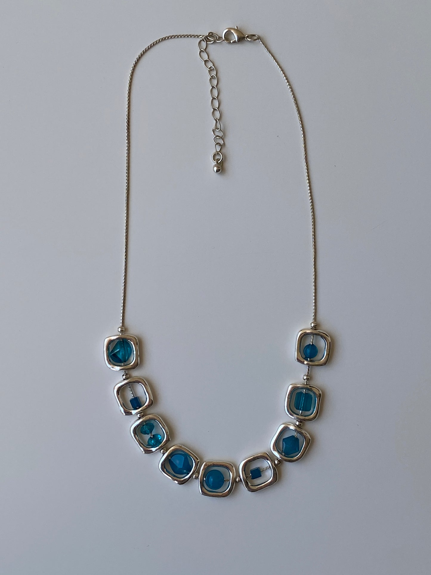 Y2K Blue Crystal Bead Framed Square Link Silver Necklace