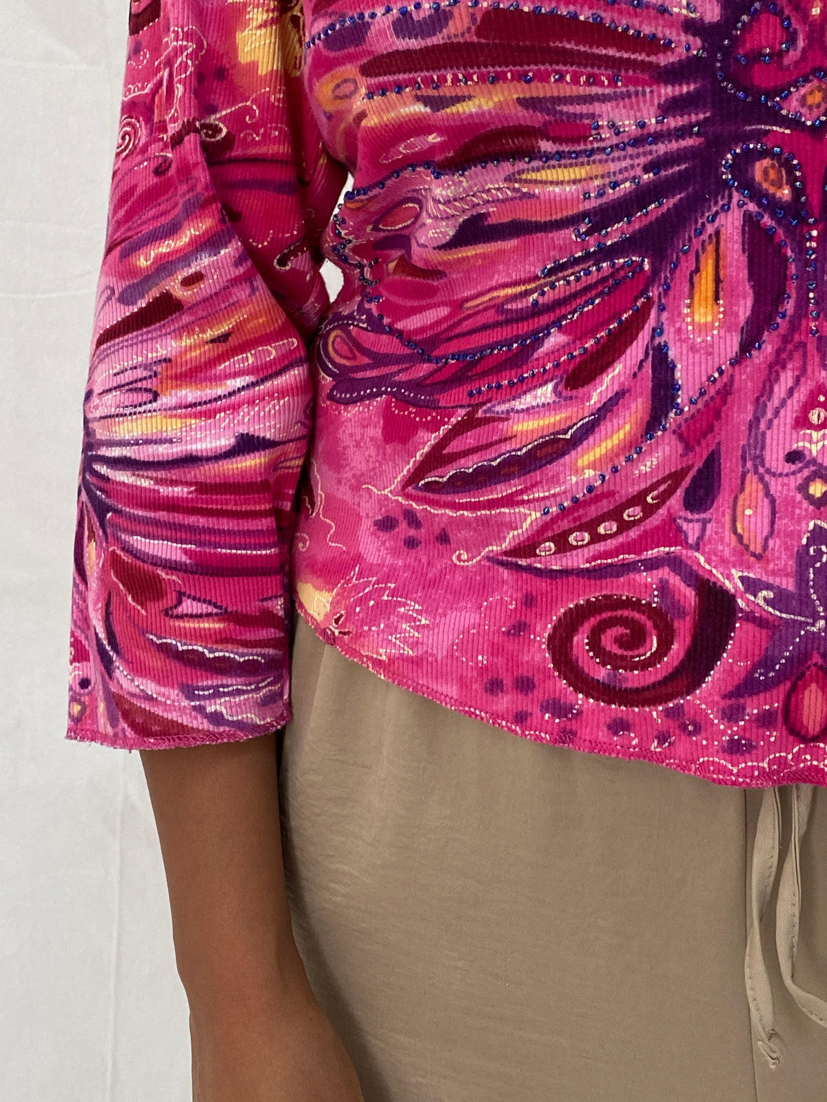 Vintage Y2K Phool Beaded Graphic Top Pink Psychedelic Butterfly Print Long Sleeve Tee - L Vintage Y2K Phool Beaded Graphic Top Pink Psychedelic Butterfly Print Long Sleeve Tee - L