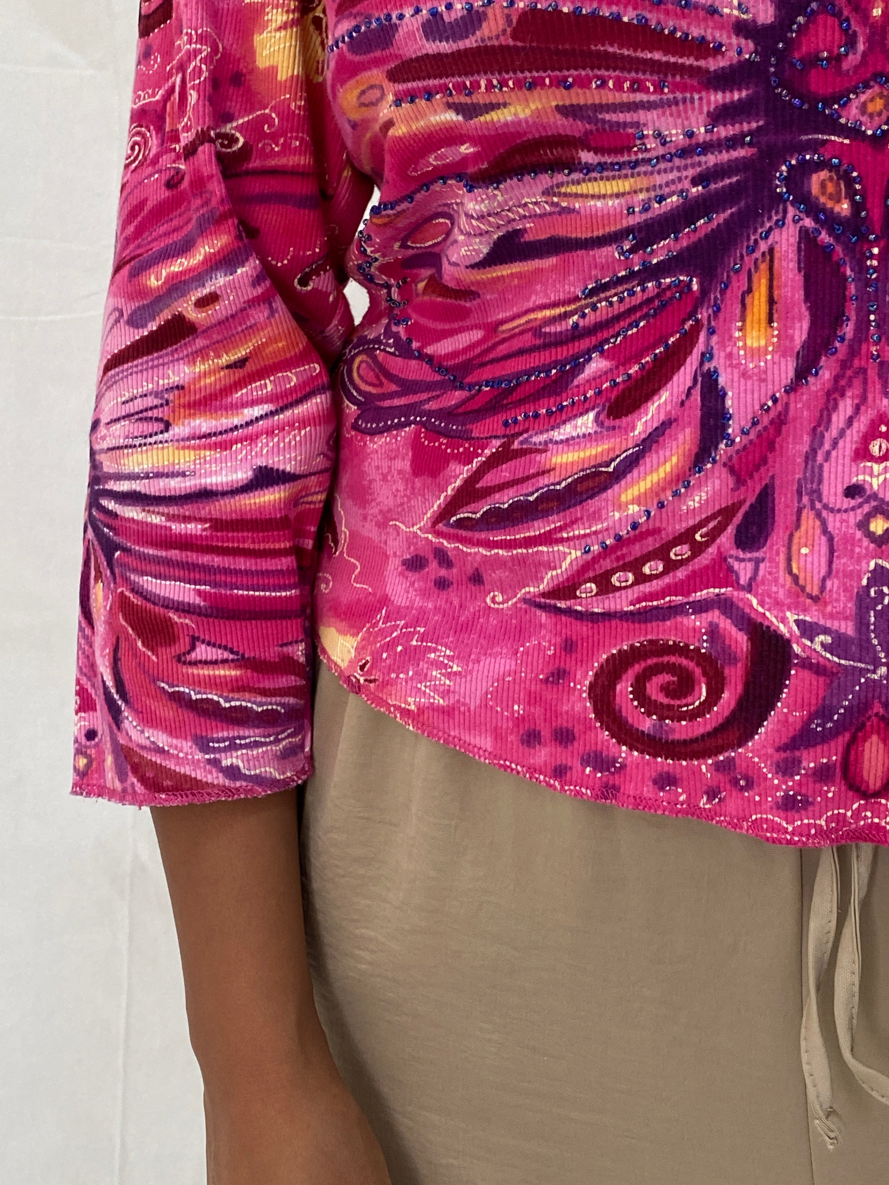Vintage Y2K Phool Beaded Graphic Top Pink Psychedelic Butterfly Print Long Sleeve Tee - L