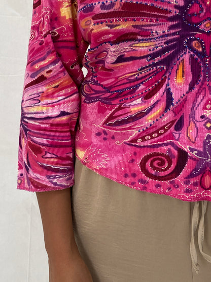 Vintage Y2K Phool Beaded Graphic Top Pink Psychedelic Butterfly Print Long Sleeve Tee - L