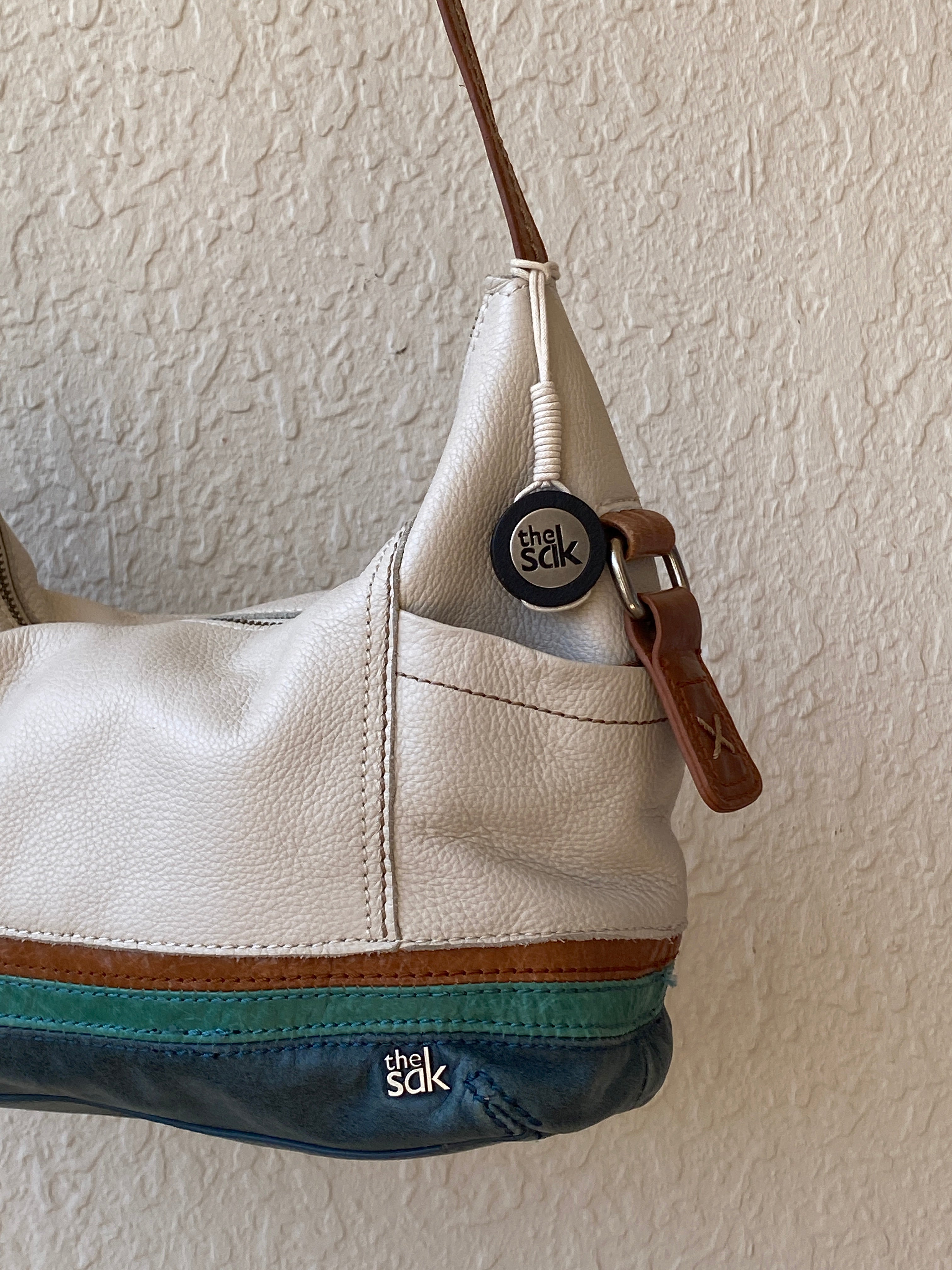The Sak Genuine Leather Shoulder Bag – White & Green Colorblock Purse Hobo Tote