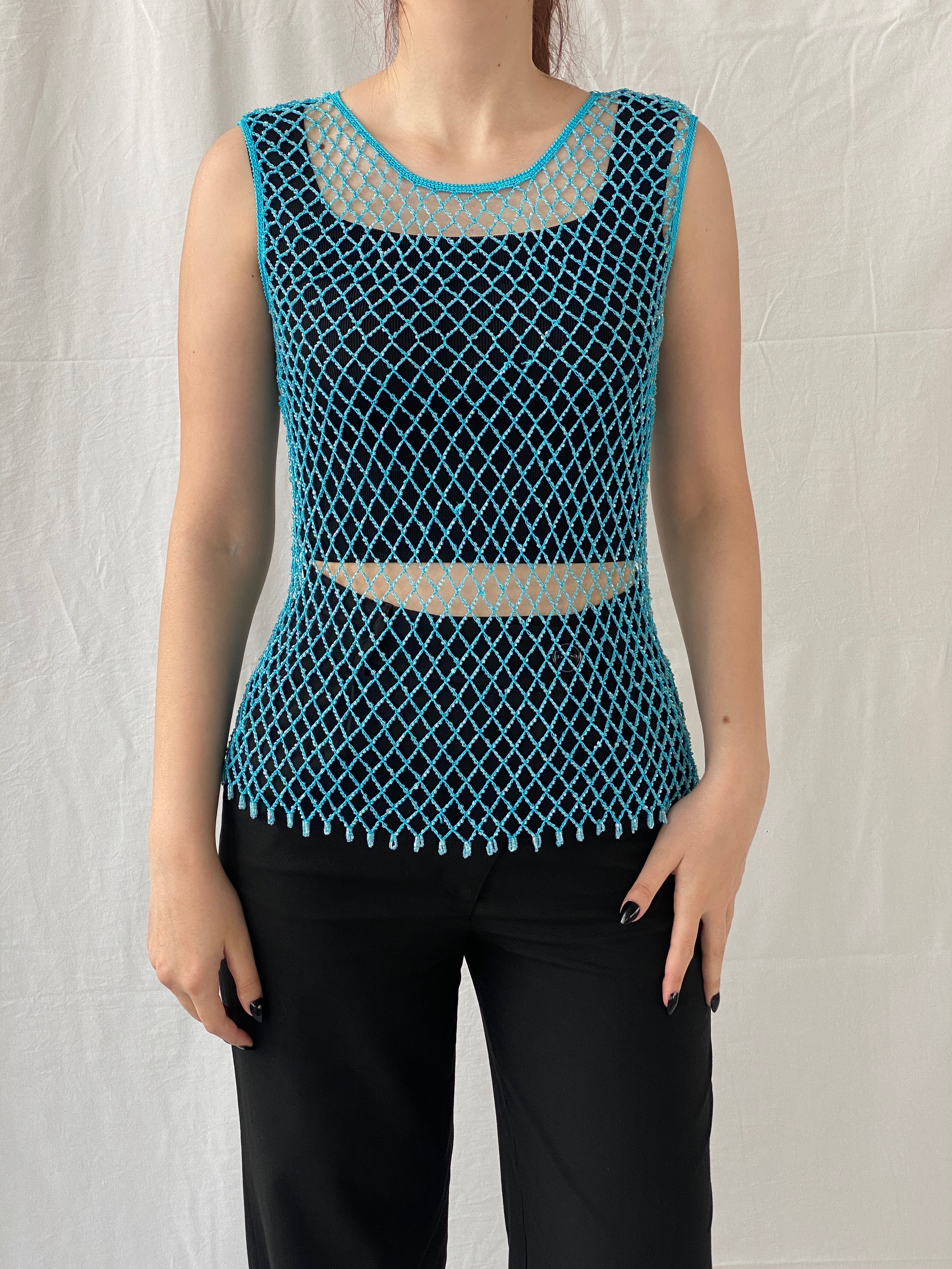 Vintage Y2K 2xtremz Women’s Net Beaded Crochet Blue Top - L