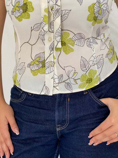 Vintage 1990s Roman Originals Ivory & Lime Green Floral Tie-Neck Blouse  - M