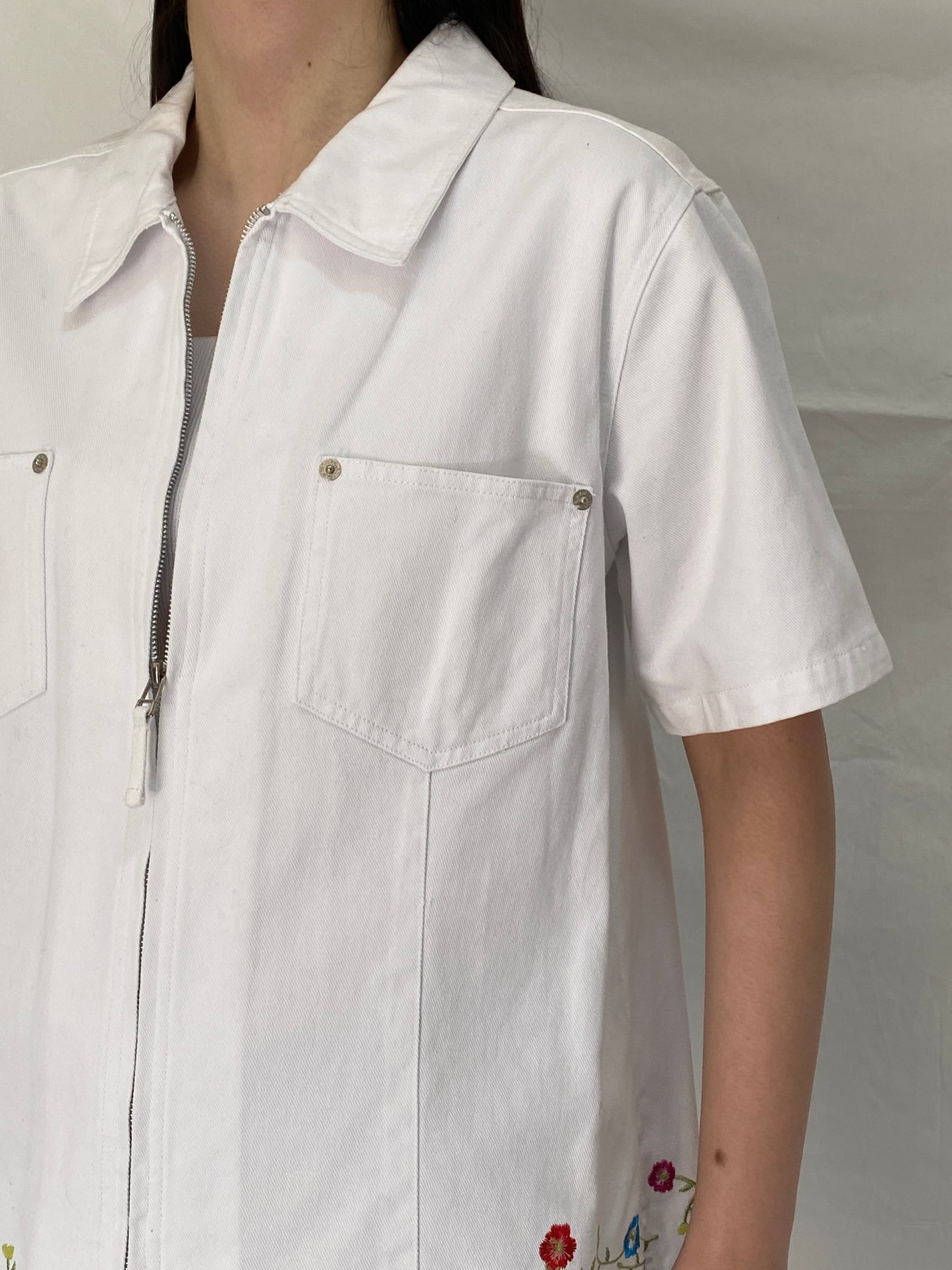 Vintage Denim & Co White Cotton Floral Embroidered Zip Shirt Jacket - L
