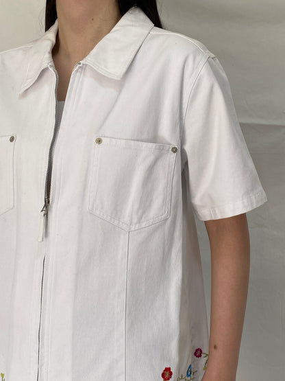 Vintage Denim & Co White Cotton Floral Embroidered Zip Shirt Jacket - L