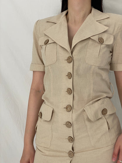 Vintage SISAN Couture Beige Safari-Style Linen Blend Belted Dress - S