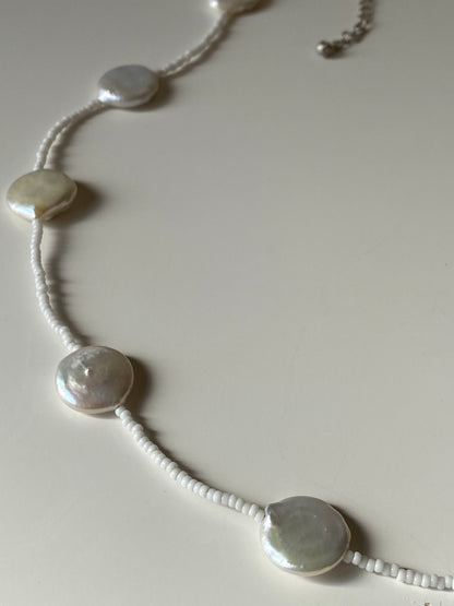 Vintage White Mother of Pearl Coin Beaded Necklace with Seed Beads