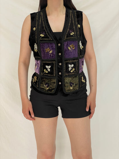 Vintage White Stag Black Velvet Patchwork Embroidered Whimsy Grunge Vest – L