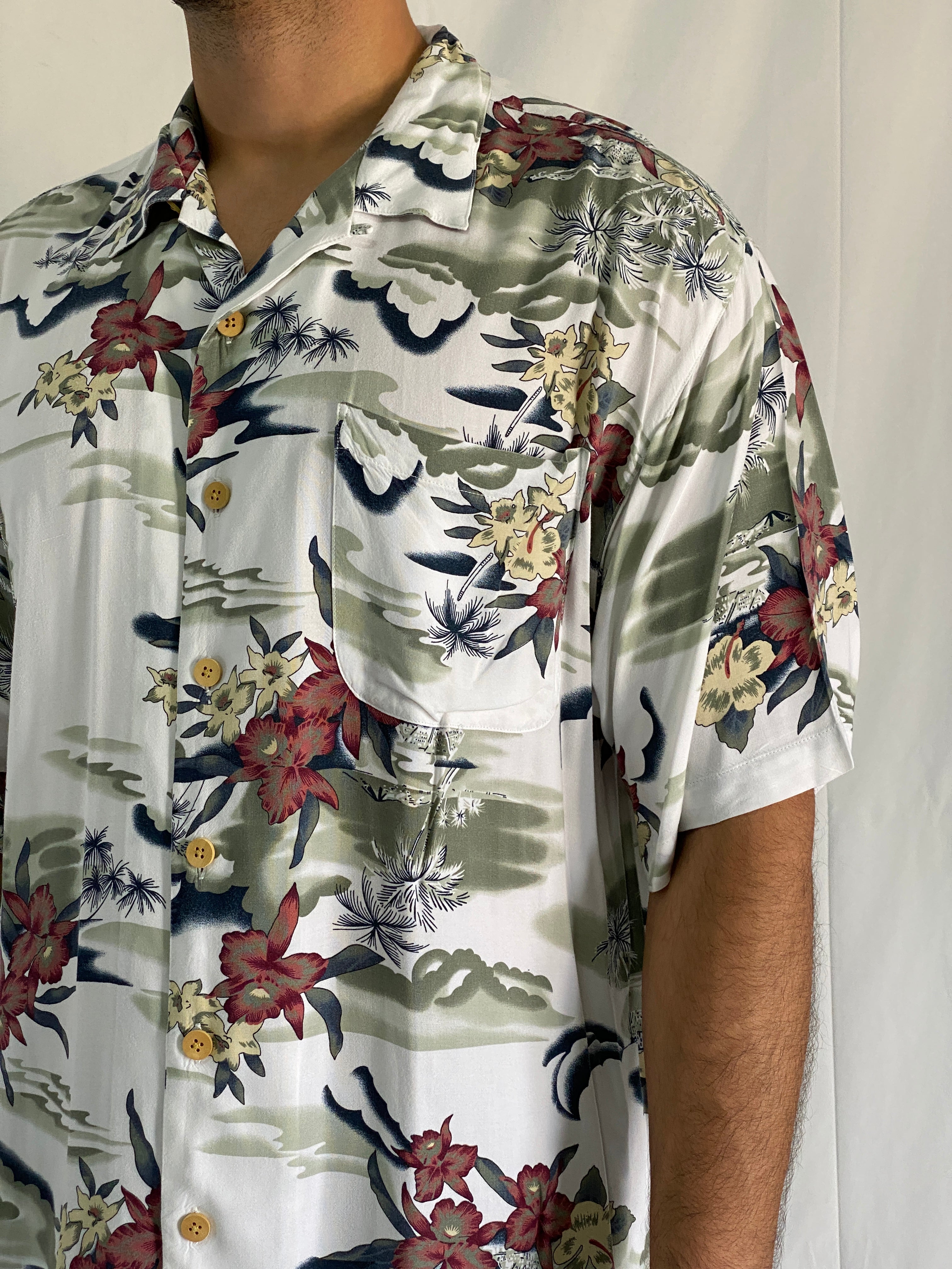 Vintage Original Island Sport Rayon Hawaiian Floral Aloha Button-Up Shirt - XL