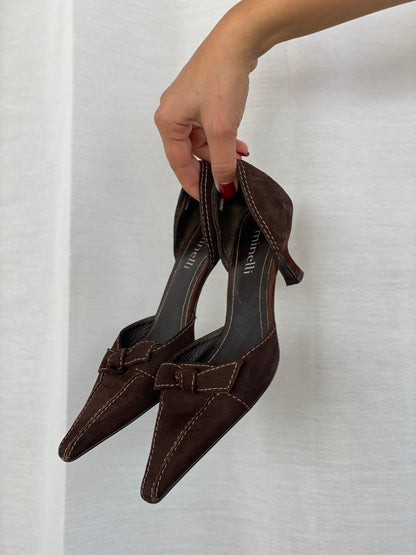 Vintage Minelli Brown Suede Big Stitch Front Bow Kitten Heels