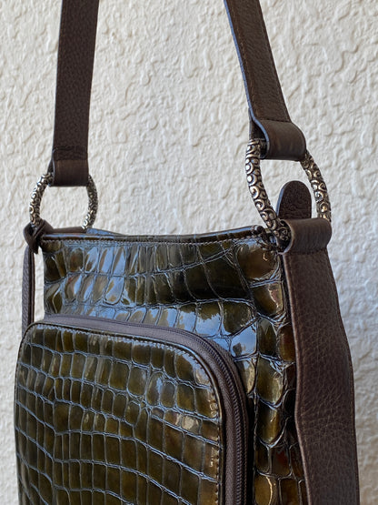 Vintage Brighton Olive Brown Croc Embossed Patent Shoulder Bag