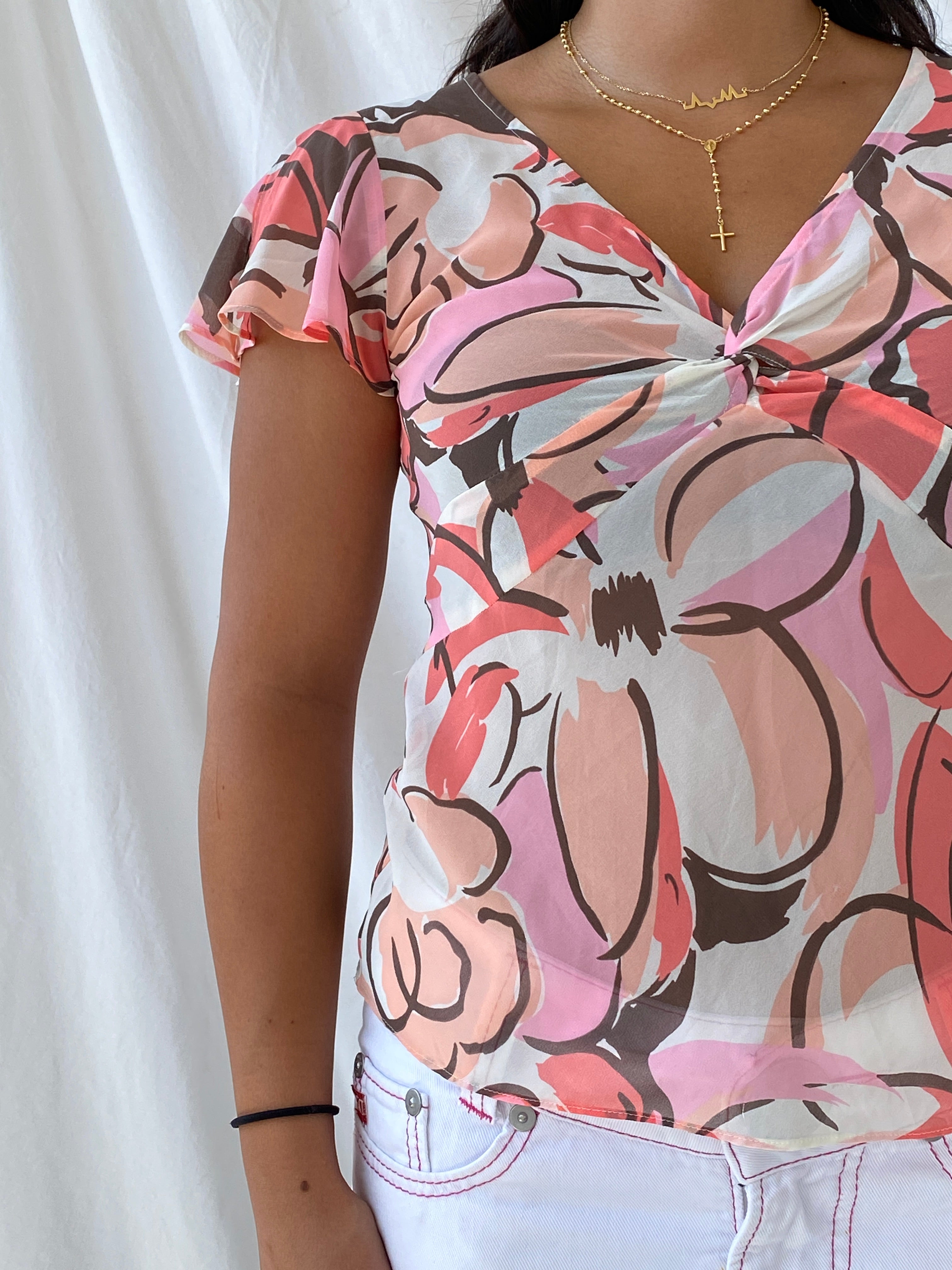 New York & Company Sheer Floral Pink and Brown Bustier Top - S