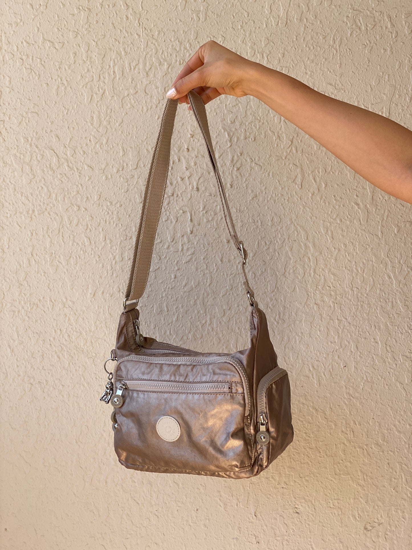 Y2K Kipling Metallic Taupe Nylon Multi-Pocket Crossbody Bag with Monkey Charm