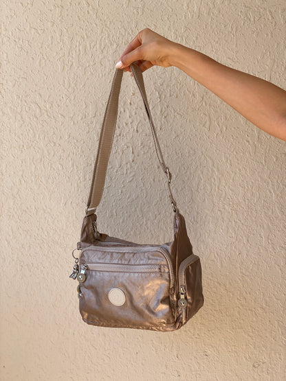 Y2K Kipling Metallic Taupe Nylon Multi-Pocket Crossbody Bag with Monkey Charm