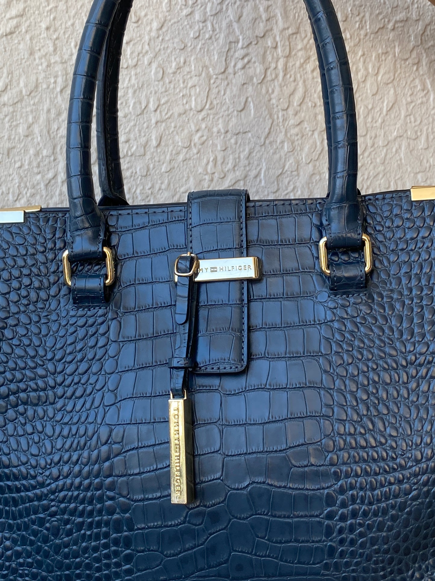 Tommy Hilfiger Navy Croc-Embossed Structured Tote