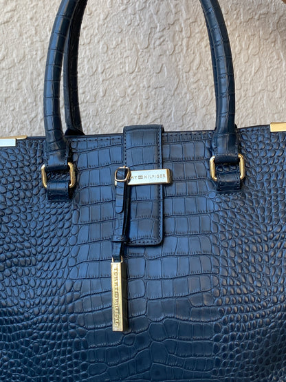 Tommy Hilfiger Navy Croc-Embossed Structured Tote