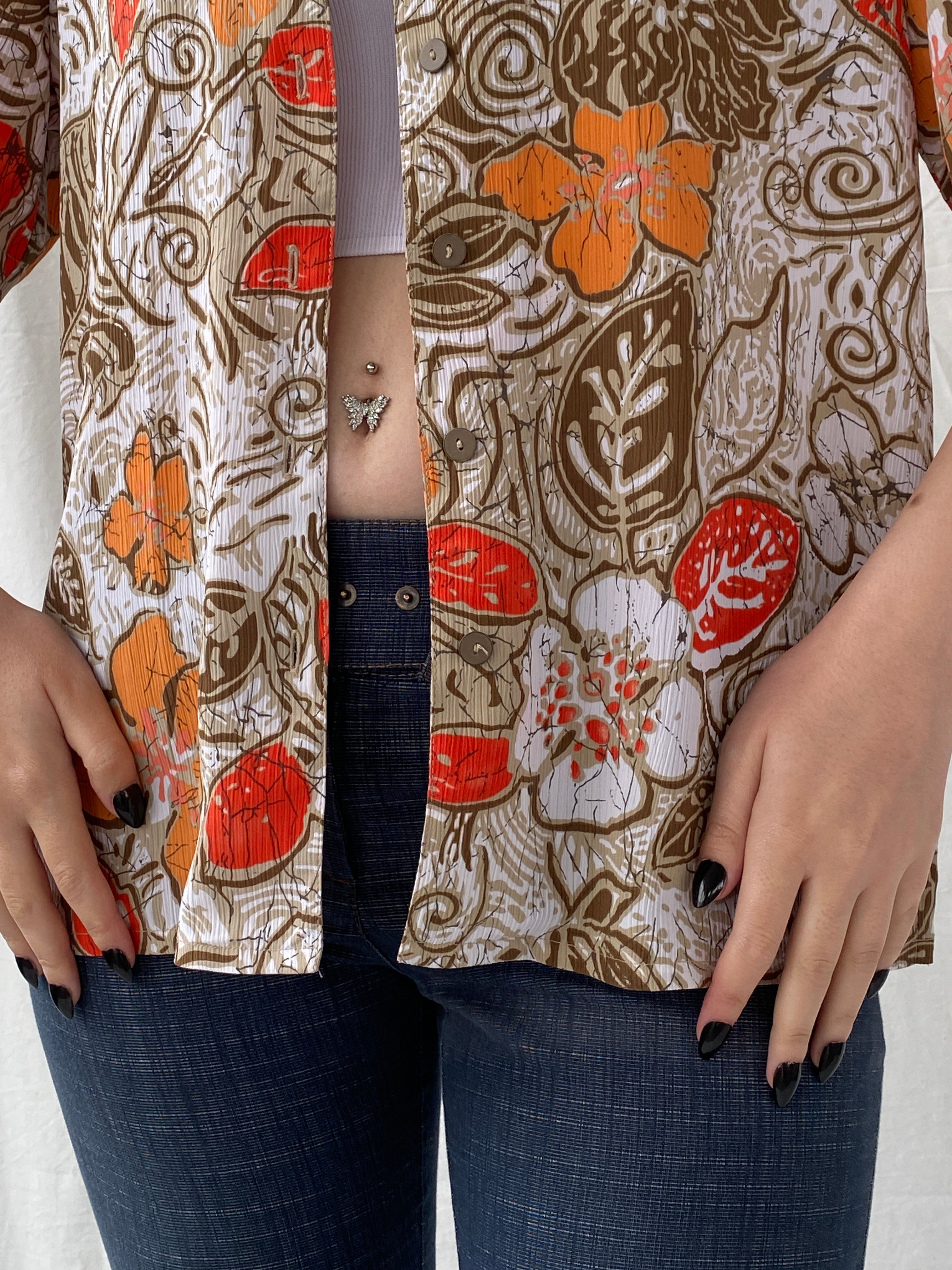 Vintage ALIA Orange Floral Women’s Short Sleeve Button Up Hawaiian Shirt - M